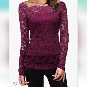 DJT Womens Boat Neck Floral Lace Raglan Long Sleeve Shirt Top